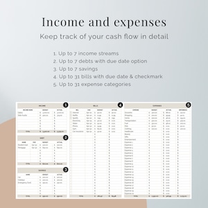 May include: A printable budget tracker spreadsheet with five sections: income, debt, savings, bills, and expenses. The spreadsheet includes columns for budget, actual, and difference. The spreadsheet is designed to help users track their income and expenses and manage their finances.