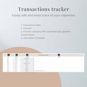 May include: A printable transactions tracker with columns for date, amount, category, and notes. The tracker is designed to help users keep track of their expenses.