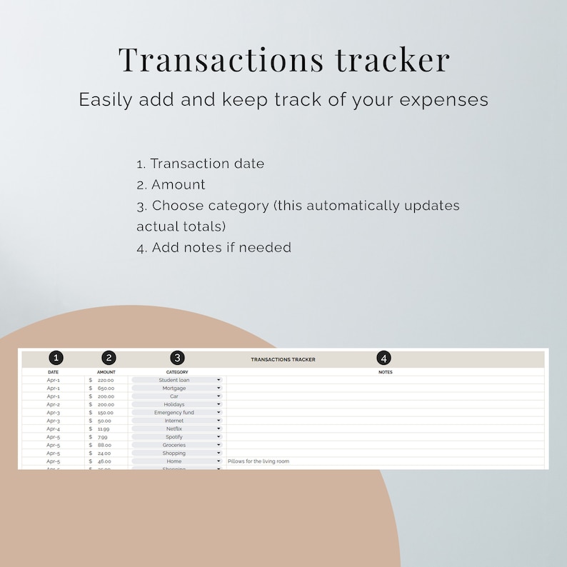 May include: A printable transactions tracker with columns for date, amount, category, and notes. The tracker is designed to help users keep track of their expenses.