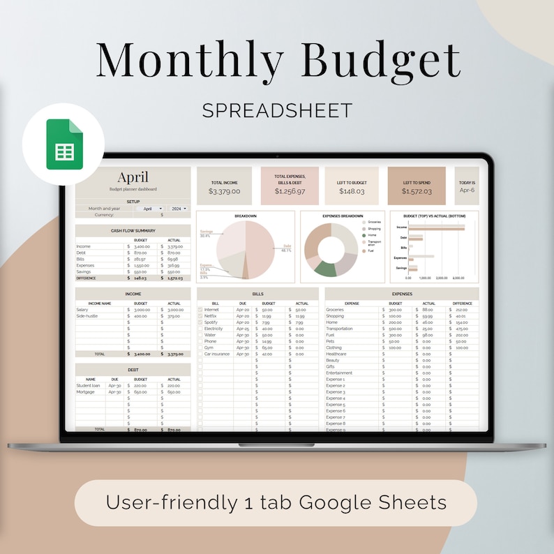 May include: A screenshot of a Google Sheet spreadsheet titled "Monthly Budget" with a tab labeled "April". The spreadsheet is designed to track income, expenses, and bills. The spreadsheet includes a cash flow summary, income and expense breakdowns, and a budget vs. actual section.