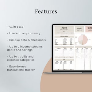 May include: A digital budget planner spreadsheet on a laptop screen. The spreadsheet is titled "April" and includes sections for income, expenses, bills, and debt. The spreadsheet is designed to help users track their finances and manage their budget.