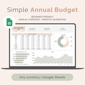 Foglio di calcolo del budget annuale per Fogli Google, modello di budget mensile, pianificatore finanziario annuale, finanza personale semplice per principianti