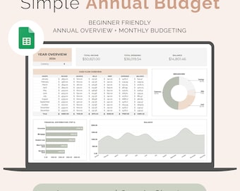 Annual Budget Spreadsheet for Google Sheets, Monthly Budget Template, Yearly Financial Planner, Simple Personal Finance for Beginners