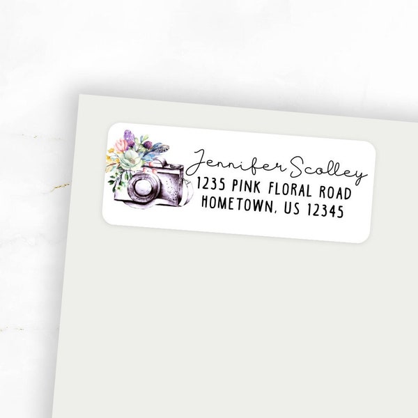 Personalized Return Address Labels, Watercolor Camera Return Address Stickers, Customized Camera Address Label, Choose Your Font, Glossy