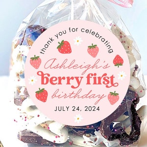 Strawberry Birthday Stickers, Berry First Birthday Party Favor Stickers, Party Favor Labels, Customized , 4 Sizes, Printed Stickers, First