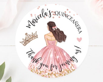 Personalized Quinceanera Birthday Stickers, Quince Party Favor Stickers, Princess Dress , Custom Girl Birthday Labels, Party Favor Labels