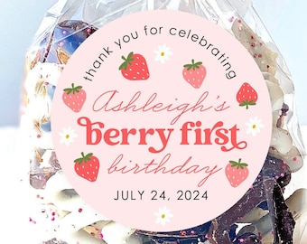 Strawberry Birthday Stickers, Berry First Birthday Party Favor Stickers, Party Favor Labels, Customized , 4 Sizes, Printed Stickers, First