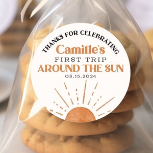 First Trip Around the Sun Birthday Stickers, Sun First Birthday Party Favor Stickers, Party Favor Labels, Customized , 4 Sizes, Printed