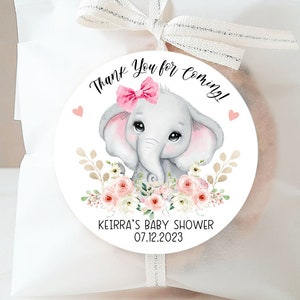 Autocollants personnalisés de douche de bébé éléphant rose, autocollants de douche de bébé éléphant, étiquettes de favori de fête, personnalisés, 4 tailles, autocollants brillants