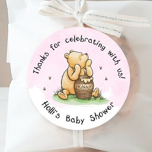 Classic Pooh Baby Shower Stickers, Pink Pooh Party Favor Stickers, Pooh Baby Shower Favor Labels, Customized , 4 Sizes, Glossy Stickers