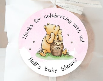 Classic Pooh Baby Shower Stickers, Pink Pooh Party Favor Stickers, Pooh Baby Shower Favor Labels, Customized , 4 Sizes, Glossy Stickers