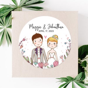 Personalized Bridal Wedding Couple Stickers, Custom Bride and Groom Stickers, Wedding Favor Labels, Choose Your Hair, 4 Sizes, Printed