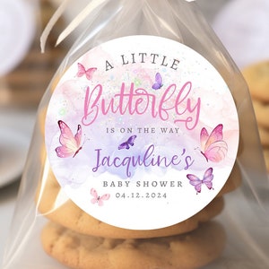 Pegatinas personalizadas de baby shower de mariposas, pegatinas de baby shower de mariposas, etiquetas de favor de fiesta, bebé rosa, 4 tamaños, pegatinas impresas