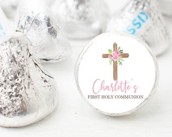 Personalized First Holy Communion Stickers, Pink Floral Cross Communion Stickers, Party Favor Labels, Pink Cross , 108 Stickers, Kiss Candy