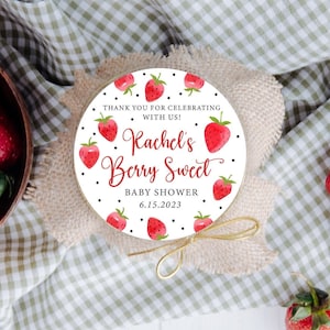 Personalized Strawberry Baby Shower Stickers, Strawberry Theme Baby Shower Stickers, Party Favor Labels, Customized , 4 Sizes, Berry Sweet