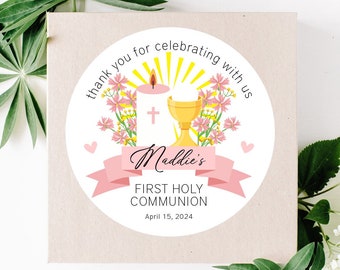Personliga klistermärken för första nattvarden, rosa blommiga nattvardsklistermärken, etiketter för festgåvor, rosa vår, 4 storlekar, tryckta klistermärken