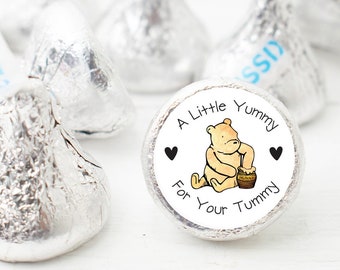 Classic Pooh Baby Shower Stickers, Pooh Party Favor Stickers, Pooh Baby Shower Kiss Candy Labels, Glossy Stickers, Yummy for your Tummy