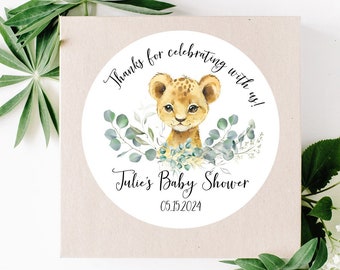 Personalized Lion Cub Baby Shower Stickers, Greenery Lion Cub Baby Shower Stickers, Safari Party Favor Labels, Customized , 4 Sizes
