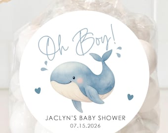 Personalized Oh Boy Baby Shower Stickers, Whale Baby Shower Party Favor Labels, Customized , 4 Sizes, Printed, Blue Baby Boy Shower Favor