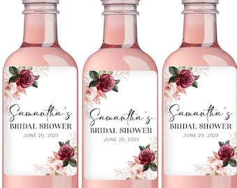Etichette per vino mini per addio al nubilato con fiori bordeaux, etichette per bomboniere per addio al nubilato, stampate, bomboniere per addio al nubilato con fiori rosa, floreali rosa