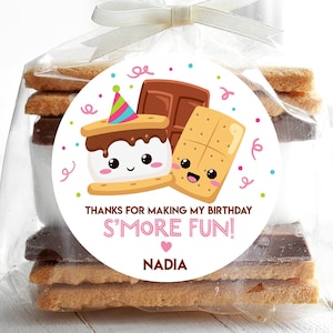 S&#39;more Birthday Stickers, Smore Fun Birthday Party Favor Stickers, Party Favor Labels, Customized , 4 Sizes, Smore Birthday Favor Stickers