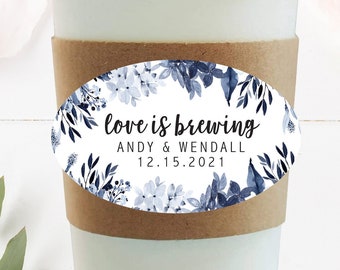 Love is Brewing Oval Coffee Sleeve Stickers, Bridal Shower Coffee Favor Stickers, Blue Floral Shower Coffee Labels, Blue Floral