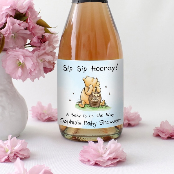 Sip Sip Hooray Pooh Labels, Customized Pooh Baby Shower Stickers, Peel & Stick Wine Labels, Pooh Baby Shower Champagne Labels, Printed