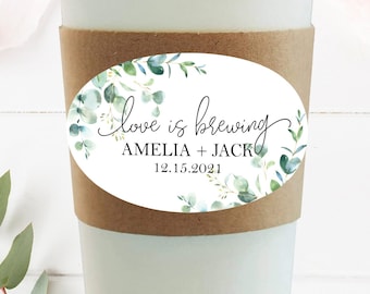 Love is Brewing Oval Coffee Sleeve Stickers, Bridal Shower Coffee Favor Stickers, Eucalyptus Floral Shower Coffee Labels, Green Floral