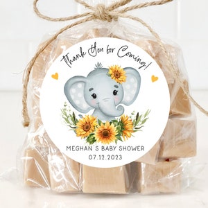 Personalisierte Sonnenblumen-Elefanten-Babyparty-Aufkleber, Elefanten-Babyparty-Aufkleber, Gastgeschenk-Etiketten, besonders angefertigt, 4 Größen, gedruckt