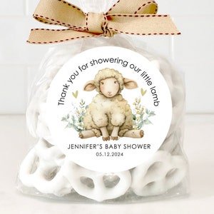 Pegatinas personalizadas de baby shower de corderito, pegatinas de baby shower con tema de cordero, etiquetas de favor de fiesta, personalizadas, 4 tamaños, pegatinas impresas