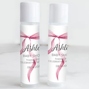 Personalized Pink Bow Baby Shower Lip Balm Labels, Bow Coquette Baby Lip Balm Stickers, Baby Shower Favor Labels, Custom, Lip Balm Favor