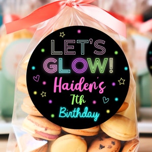 Glow Birthday Stickers, Neon Glow Birthday Party Favor Stickers, Party Favor Labels, Customized , 4 Sizes, Printed Stickers, Neon Rainbow