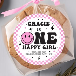 Personalized One Happy Girl Birthday Stickers, Smiley Face Birthday Party Favor Stickers, Party Favor Labels, Customized, 4 Sizes, Printed