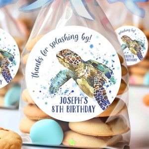 Sea Turtle Birthday Stickers, Blue Boy Sea Turtle Birthday Party Favor Stickers, Party Favor Labels, Customized, 4 Sizes, Printed, Baby Boy