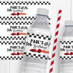 Racing Birthday Water Bottle Labels, Race Car Birthday Party Favor Labels, Two Fast Birthday Water Labels, Waterproof, 5 per sheet