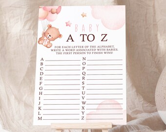 Printable Pink Bear Balloons Baby Shower Game, A to Z Teddy bear Baby Shower Game, Alphabet Baby Shower Game, Instant Download