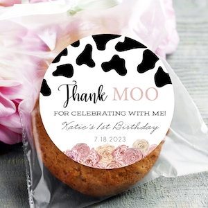Cow Birthday Stickers, Pink Floral Cow Birthday Party Favor Stickers, Party Favor Labels, Customized , 4 Sizes, Glossy, Thank Moo, Farm