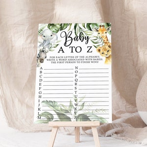 Printable Safari Baby Shower Game, A to Z Safari Baby Shower Game, Alphabet Baby Shower Game, Instant Download