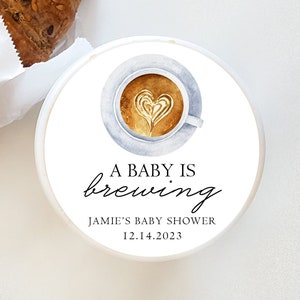 A Baby is Brewing Baby Shower Stickers, Personalized Coffee Baby Shower Stickers, Customized Stickers, 4 sizes, Printed Circle Stickers
