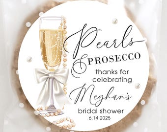 Pearls & Prosecco Bridal Shower Favor Sticker, Personalized Champagne Wedding Shower Label, Gold Pearls, Elegant, Printed, Glossy, 4 Sizes