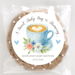 A Baby Boy is Brewing Baby Shower Stickers, Personalized Coffee Baby Shower Stickers, Customized Stickers, 4 sizes, Printed Circle Stickers