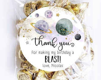 Gepersonaliseerde Outer Space Verjaardagsstickers, Galaxy Birthday Party Favor Stickers, Space Party Favor Labels, Aangepast, 4 Maten, Gedrukt