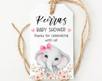 Pink Elephant Baby Shower Hang Tags, Pink elephant Party Favor Tags, Baby Elephant Shower Tags, Customized , Printed & Shipped