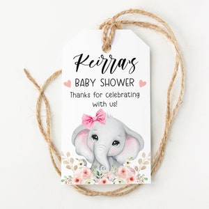 Pink Elephant Baby Shower Hang Tags, Pink elephant Party Favor Tags, Baby Elephant Shower Tags, Customized , Printed & Shipped