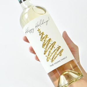 Gepersonaliseerde gouden glitterboom Happy Holidays wijnetiketten, aangepaste kerstwijnstickers, kerstwijnetiketten, vrolijk kerstwijncadeau