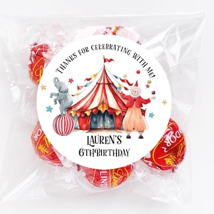 Personalized Circus Birthday Stickers, Carnival Birthday Party Favor Stickers, Party Favor Labels, Customized, 4 Sizes, Circus Tent Party