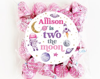 Adesivos de aniversário Two the Moon, adesivos de lembrancinhas de aniversário do espaço sideral, etiquetas de lembrancinhas de festa espacial, personalizados, 4 tamanhos, adesivos impressos
