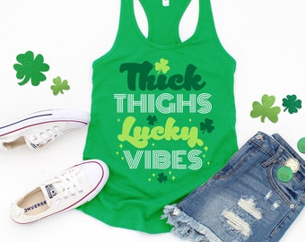 Thick Thighs Lucky Vibes Women's Tank, Shamrock Racerback Tank, St Patrick's Day Tank, Women's St Patrick's Day Shirt, Gym Tank, Cute Tank