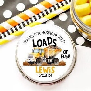 Construction Birthday Thank You Stickers, Personalized Dump Truck Party Favors, 4 Sizes, Fun Kids Party Labels