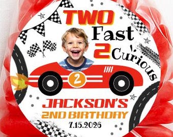 Custom Photo Race Car Birthday Stickers | Two Fast 2 Curious Labels | Printed Favor Bag Tags for 2nd Birthday Party, 4 Sizes, Glossy